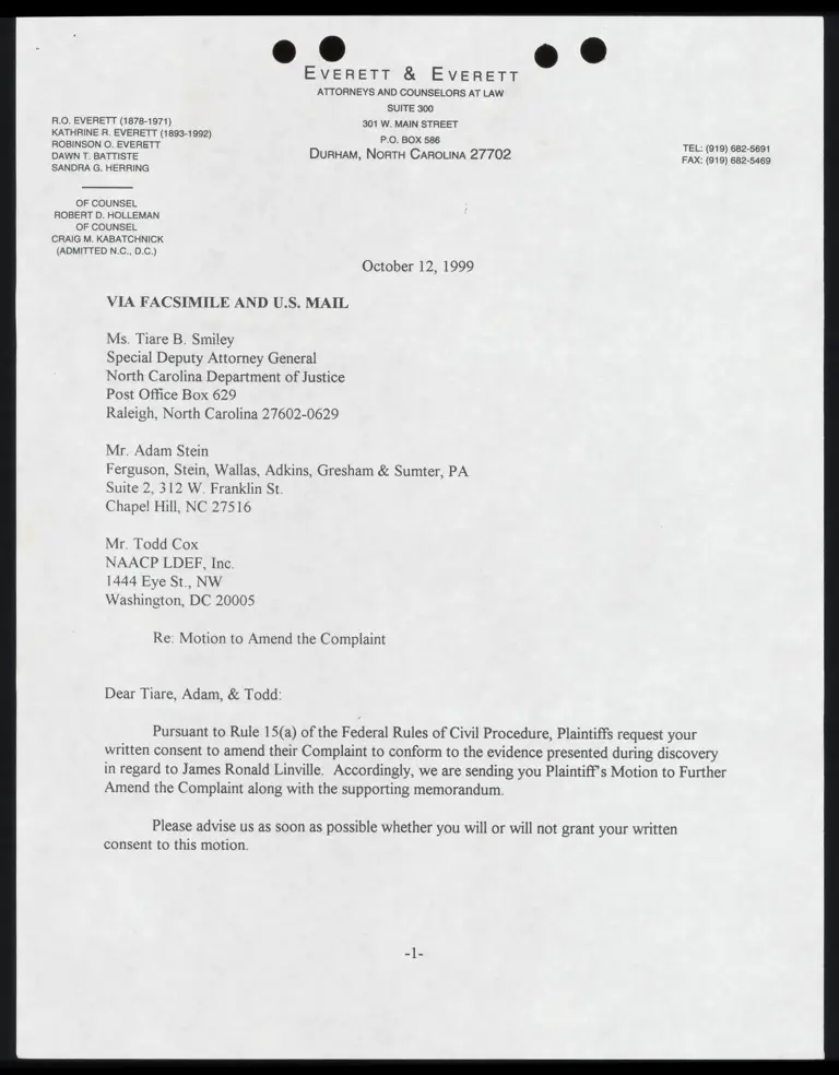 Letter from Everett to Stein, Smiley and Cox RE: motion to amend the Complaint preview