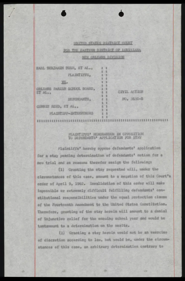 Plaintiffs' Memorandum in Opposition to Defendants' Application for Stay preview