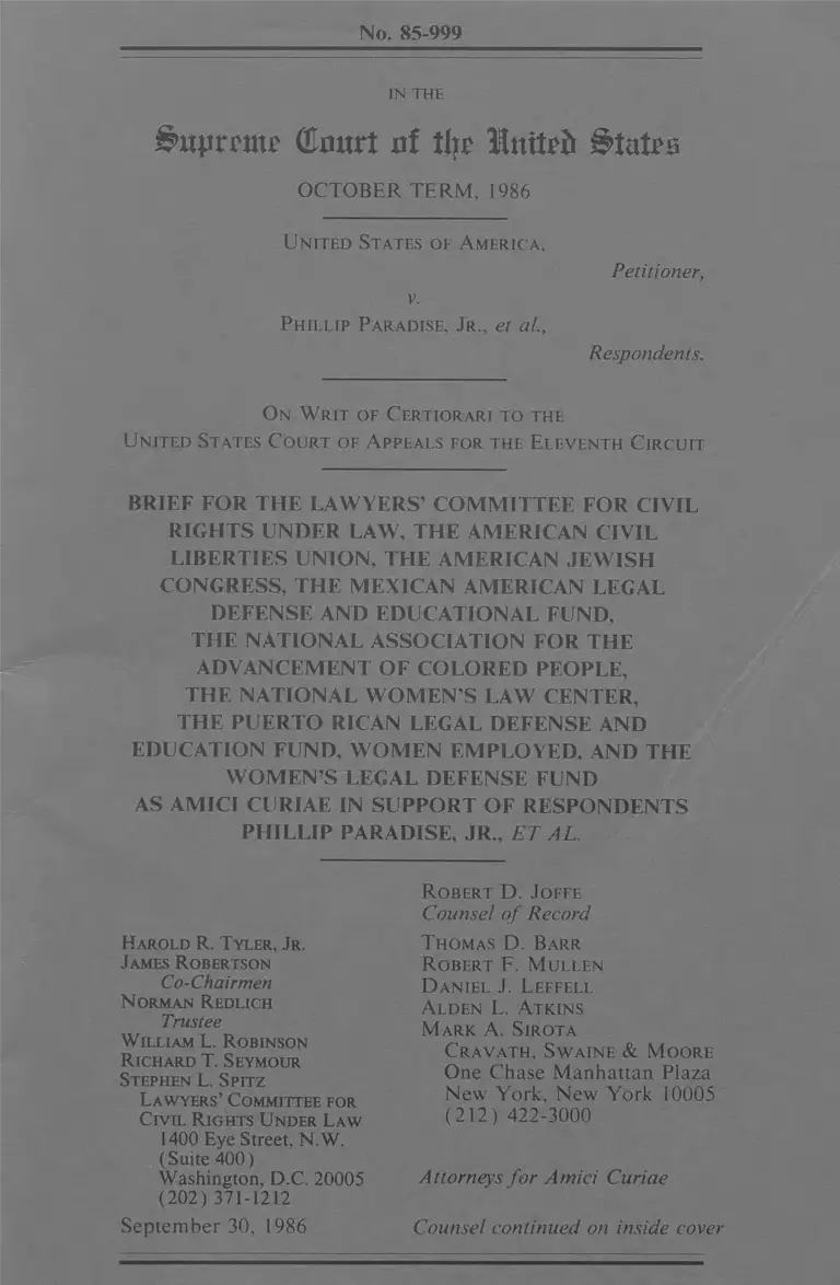 United States v. Paradise, Jr. Brief Amici Curiae in Support of Respondents preview