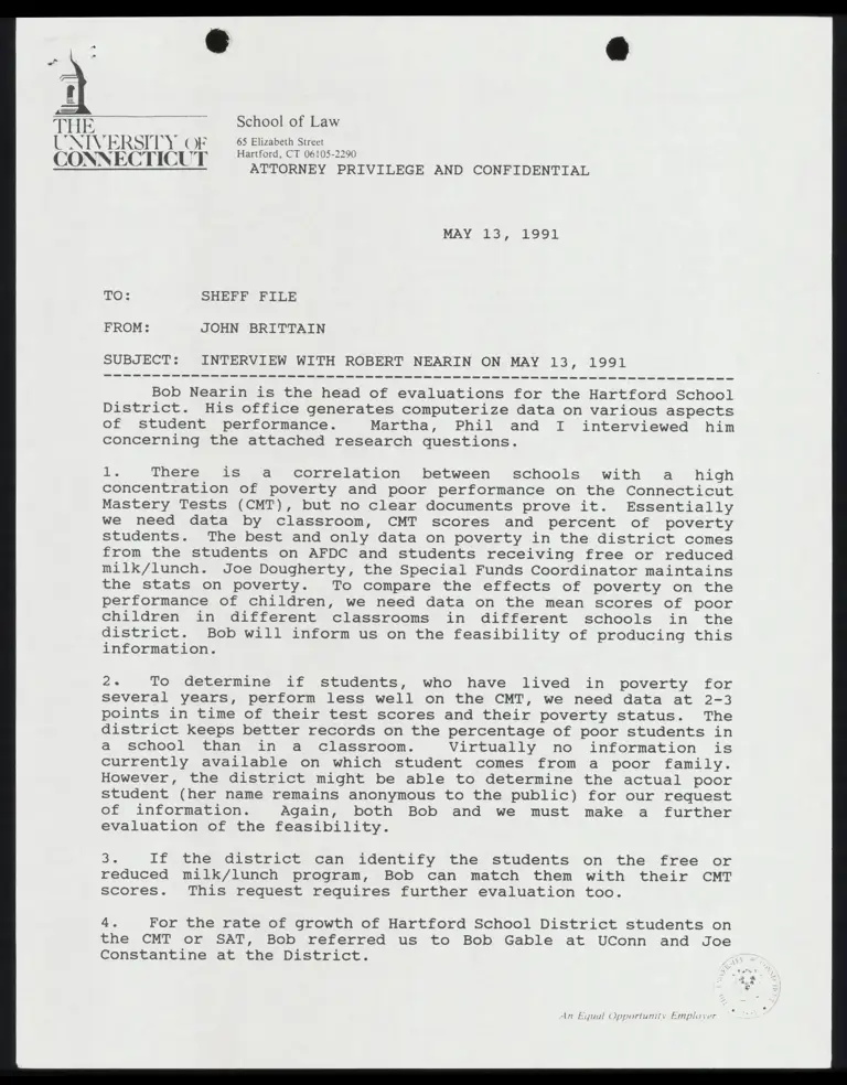 Memo from Brittain to File Re: Interview with Robert Nearin on May 13, 1991 preview