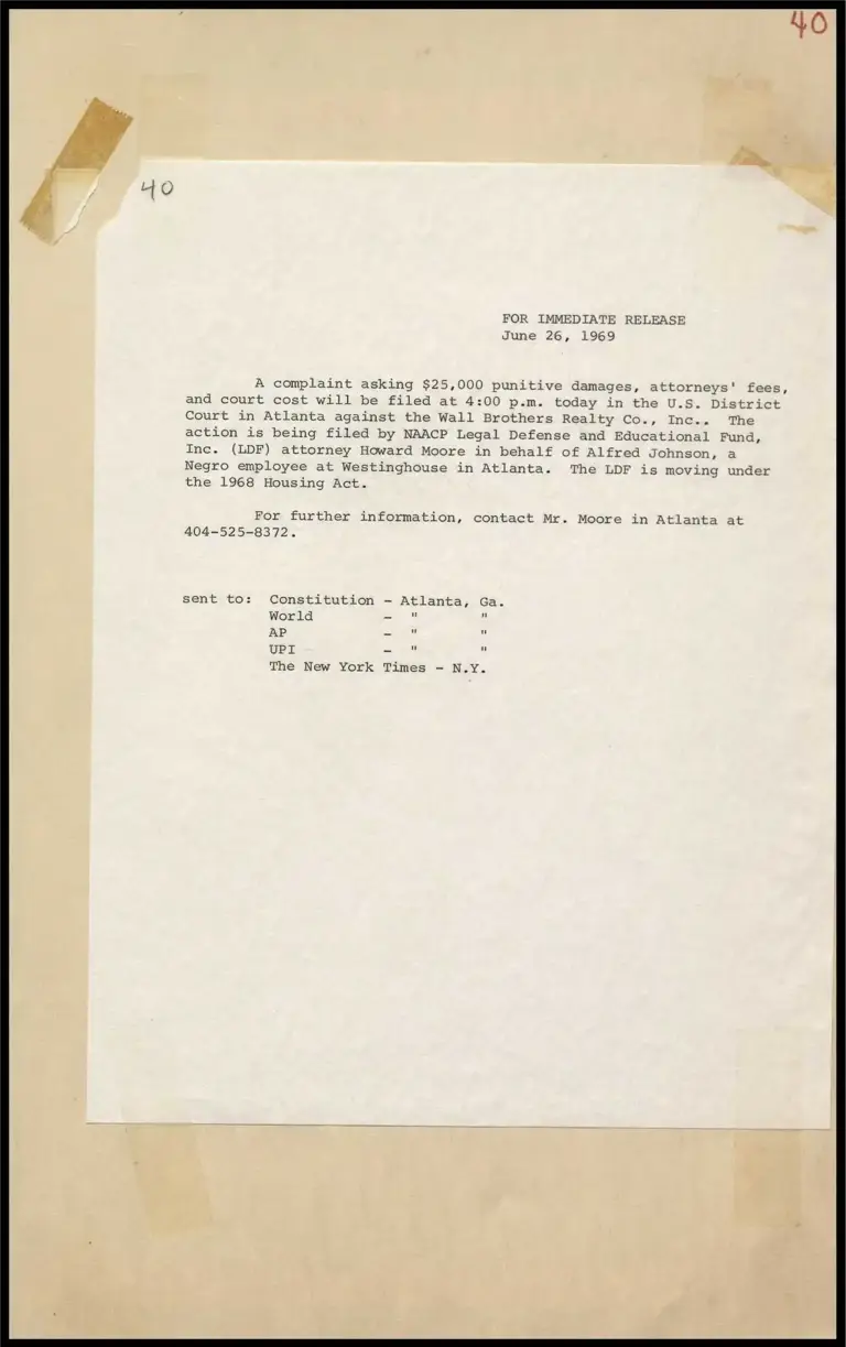 Filing of Damage Complaint Against the Wall Brothers Reality Co., Inc. preview