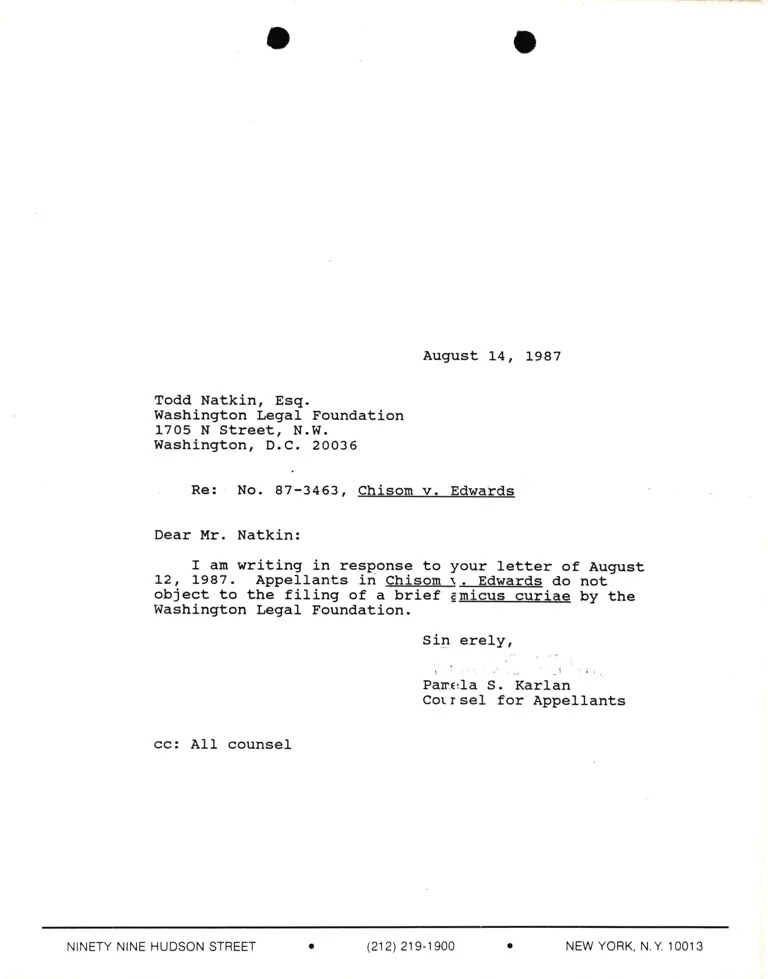 Correspondence from Todd Natkin Re: Chisom v. Edwards preview
