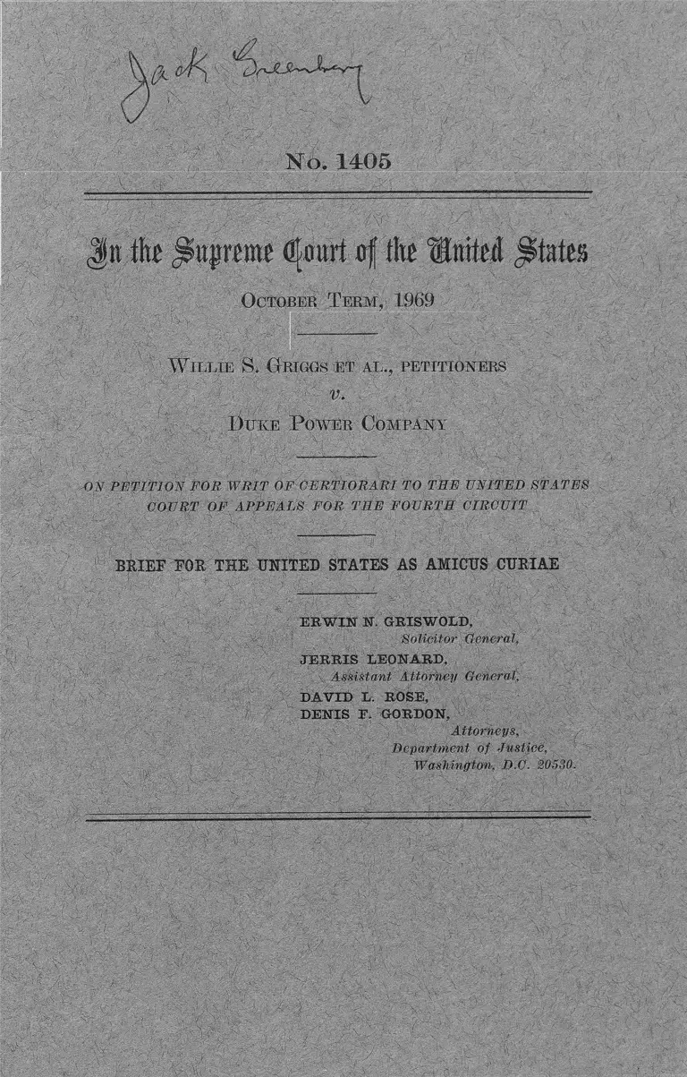 Griggs v. Duke Power Company Brief for the United States as Amicus Curiae No. 1405 preview