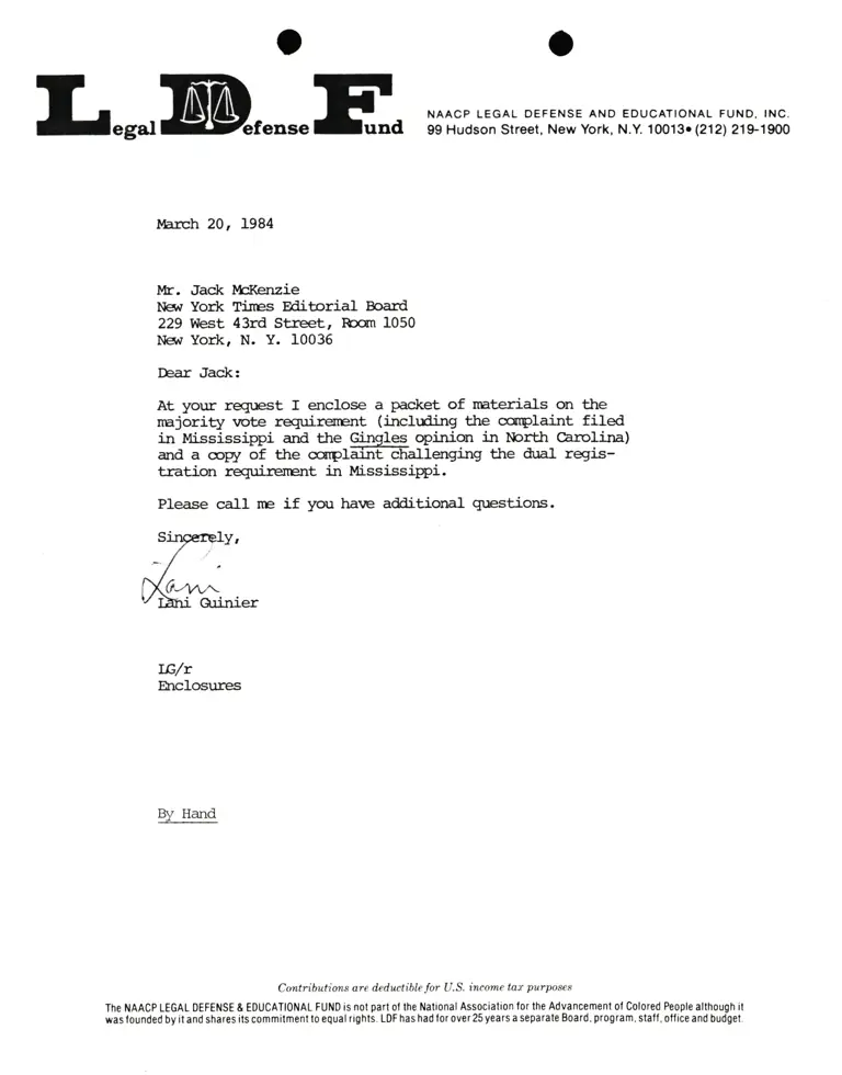 Letter from Lani Guinier to Jack Mckenzie (NYT) RE: Majority vote requirement preview