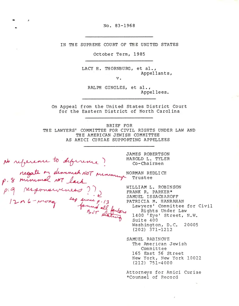 Annotated Draft Brief for Lawyers Committee for Civil Rights Under Law and Jewish Committee as Amici Curiae preview