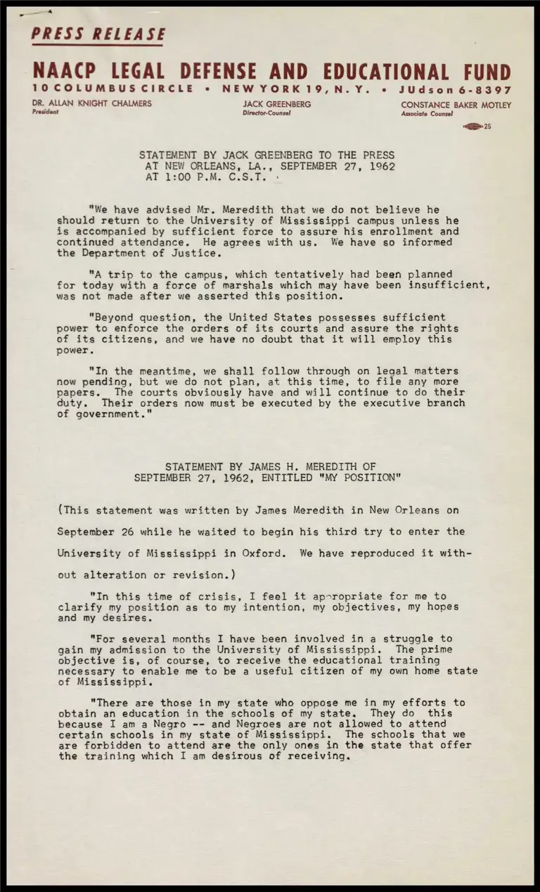 Statement by Jack Greenberg to the Press at New Orleans, LA., September 27, 1962 at 1:00 P.M. C.S.T preview