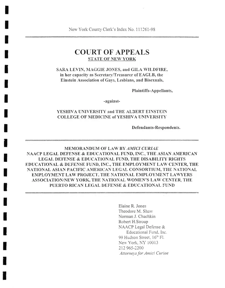 Levin v. Yeshiva University and the Albert Einstein College of Medicine Memorandum of Law by Amici Curiae preview