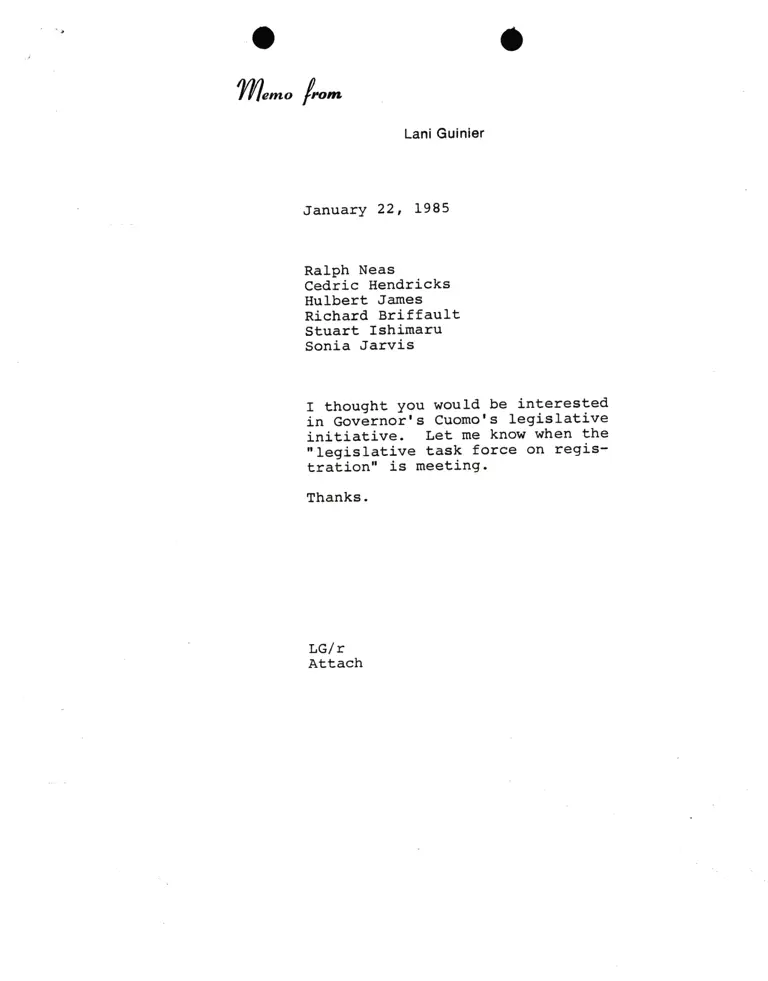 Memorandum from Lani Guinier to Ralph Neas, Cedric Hendricks, Hulbert James, Richard Briffault, Stuart Ishimaru, and Sonia Jarvis preview
