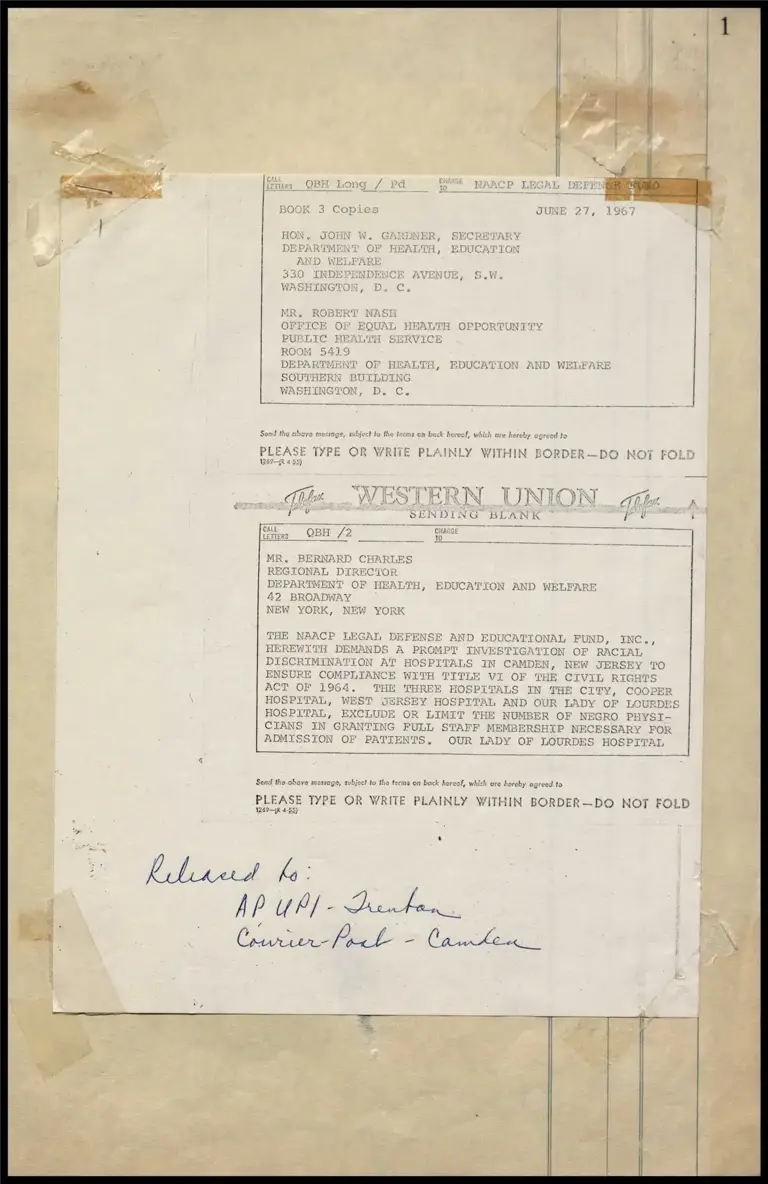 LDF Demands an Investigation of Racial Discrimination in Camden, New Jersey Hospitals (Telegram) preview