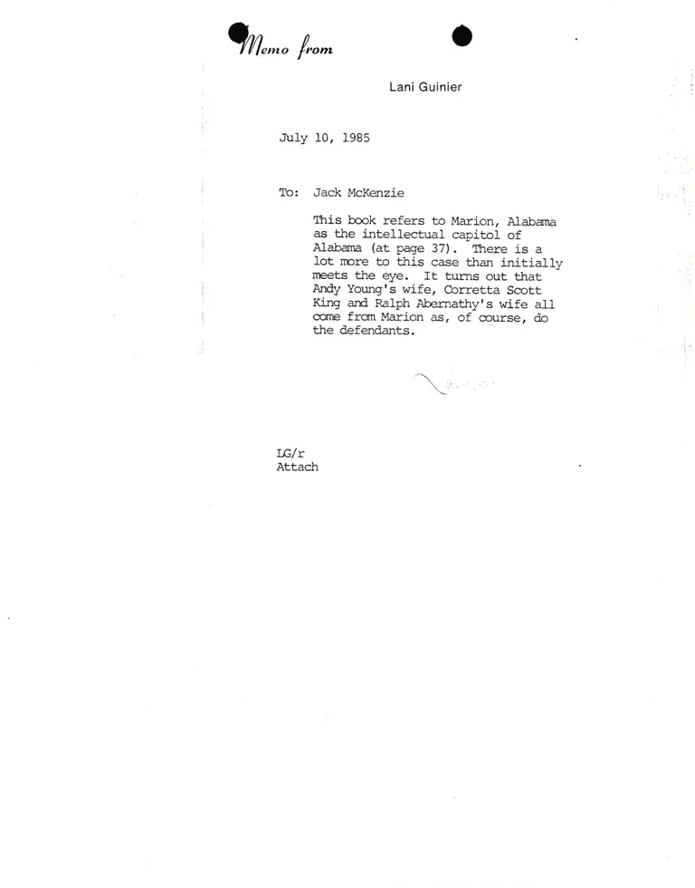 Memorandum from Lani Guinier to Jack McKenzie Re: Marion, Alabama preview