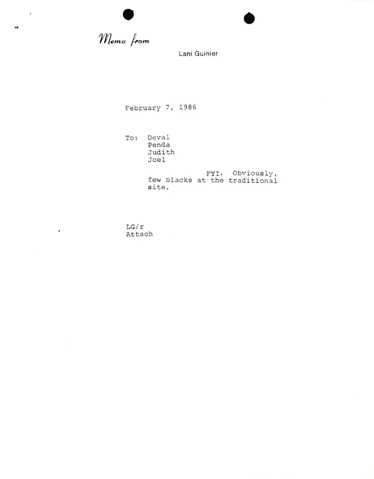 Memorandum from Lani Guinier to Deval Patrick, Penda Hair, Judith Reed, and Joel Berger preview