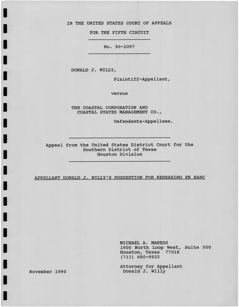 Willy v. The Coastal Corporation and Coastal States Management Company: Appellant Suggestion for Rehearing En Banc preview