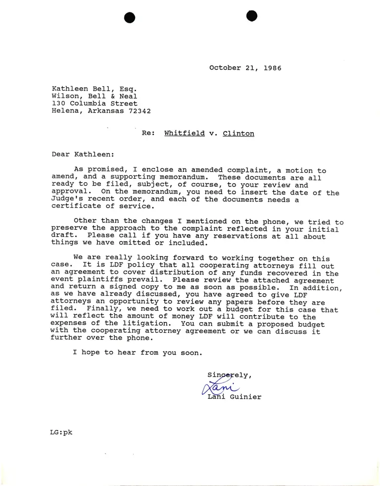 Correspondence from Lani Guinier to Kathleen Bell, Esq. Re Whitfield v. Clinton preview