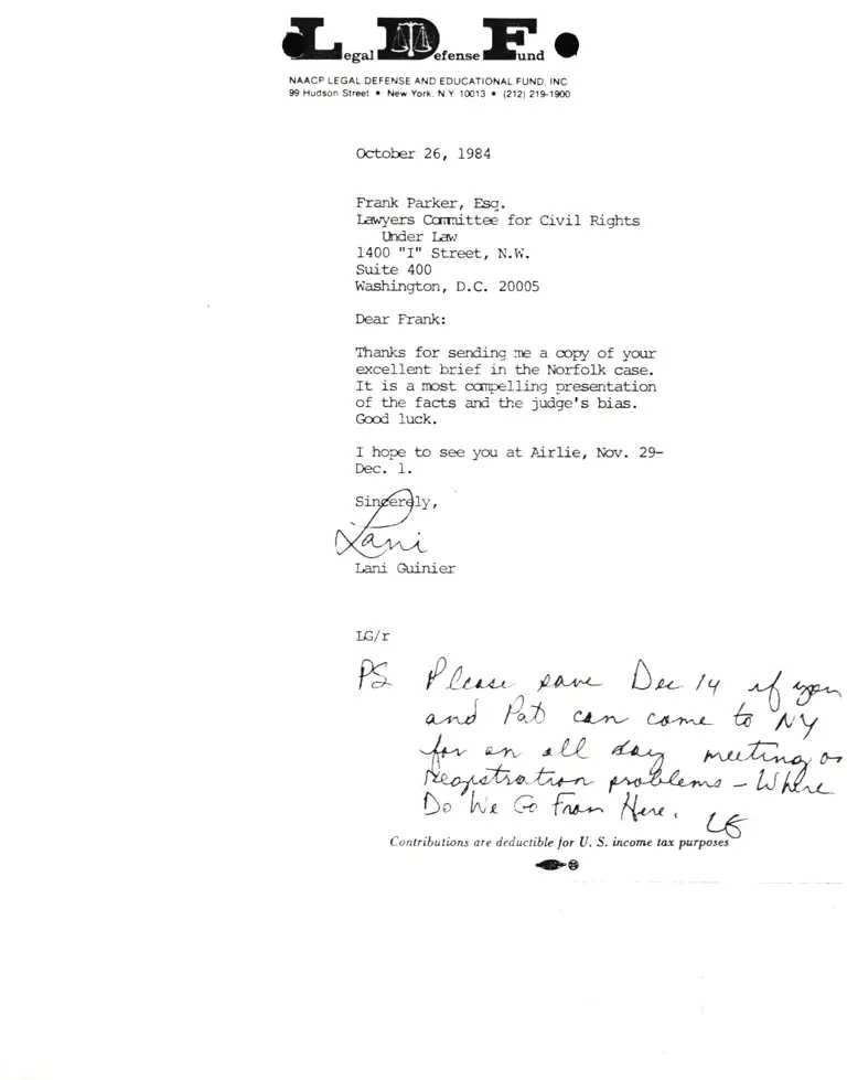 Letter from Lani Guinier to Frank Parker RE Norfolk brief preview