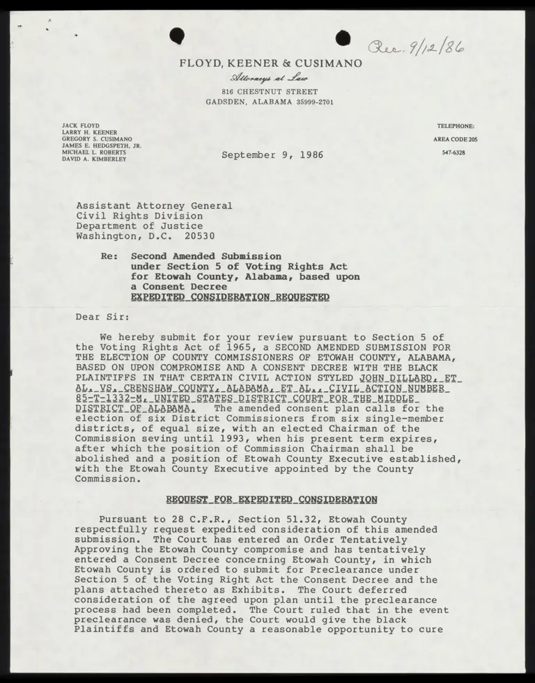 Correspondence from Floyd to Assistant Attorney General Re: Request for Expedited Consideration preview
