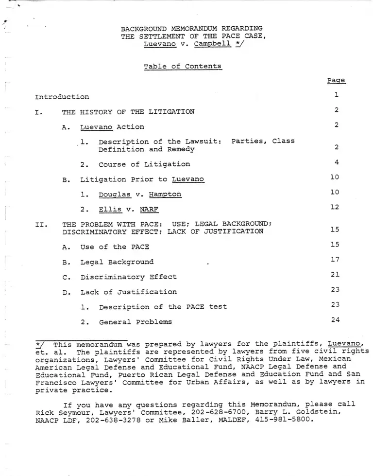 Luevano v. Campbell Appendix to Background Memorandum Regarding the Settlement of the Pace Case preview