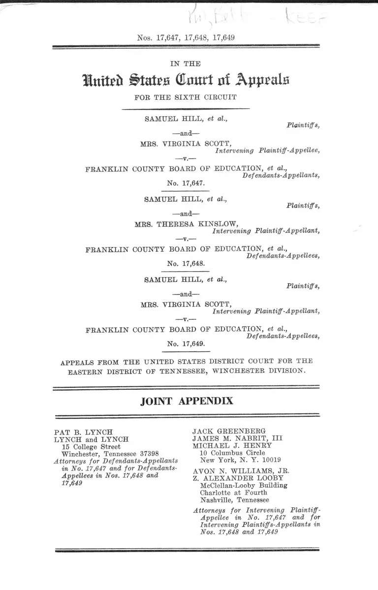 Hill v. Franklin County Board of Education Joint Appendix preview