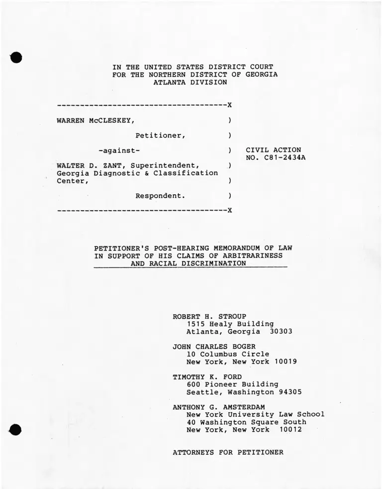 McCleskey v. Zant Brief for Petitioners Post-Hearing Memorandum of Law preview