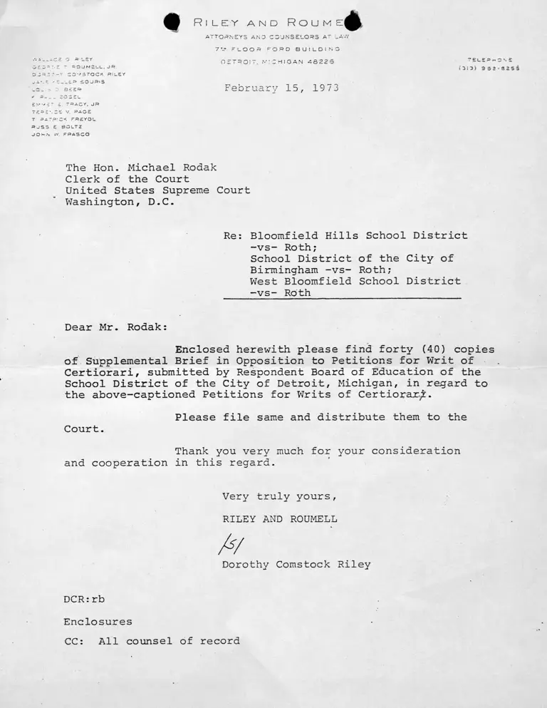 Letter from Roumell to Rodak RE: Copies of Brief in Opposition to Petitions for Writ of Certiorari preview
