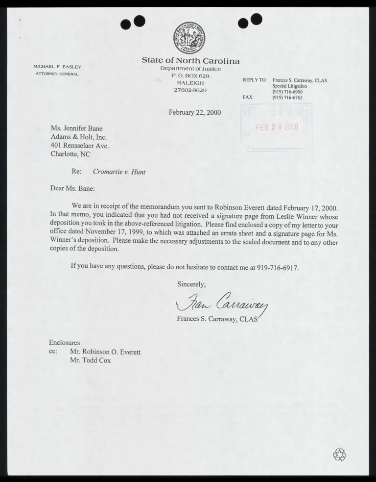 Letter to Bane from Carraway RE: Copy of Letter with Attached Errata Sheet and Signature Page preview
