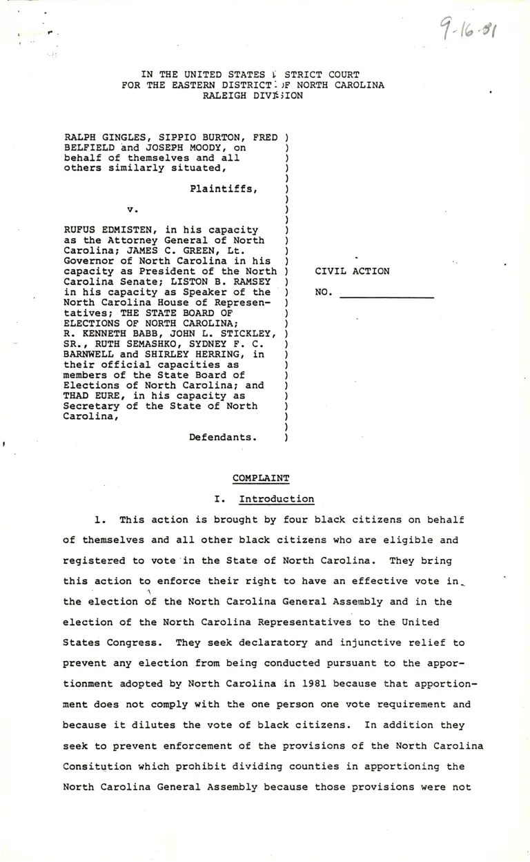 Gingles v. Edmisten Complaint; General Assembly of North Carolina House Bill 415; Senate Bill 313; Senate Bill 87 preview