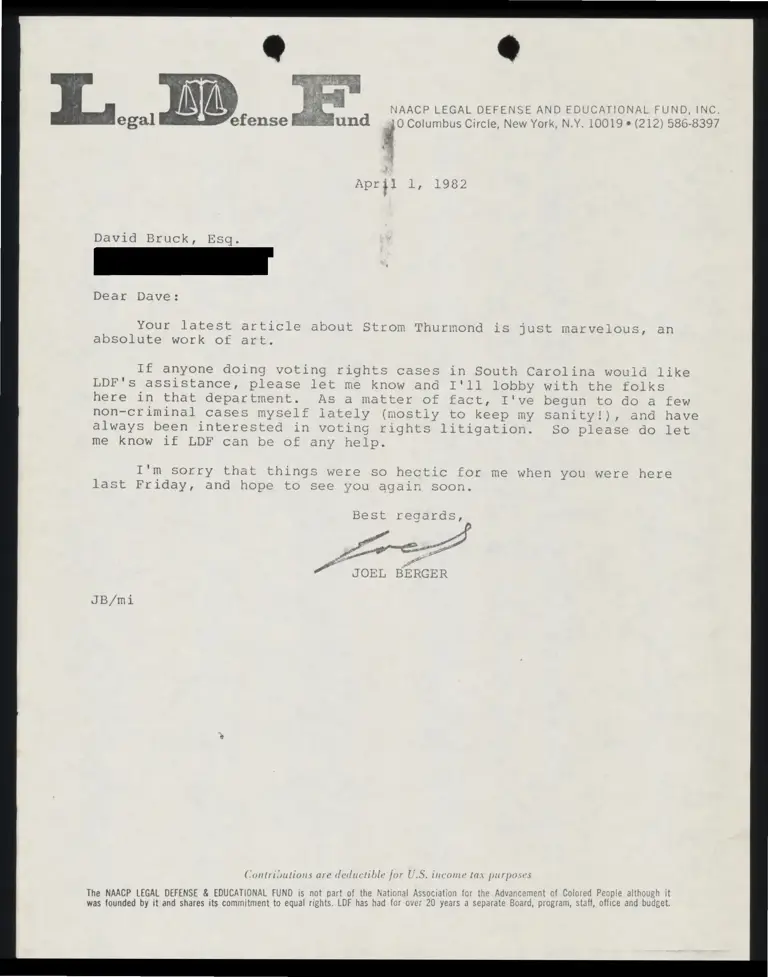 Letter to David Bruck from Joel Berger (Redacted) preview