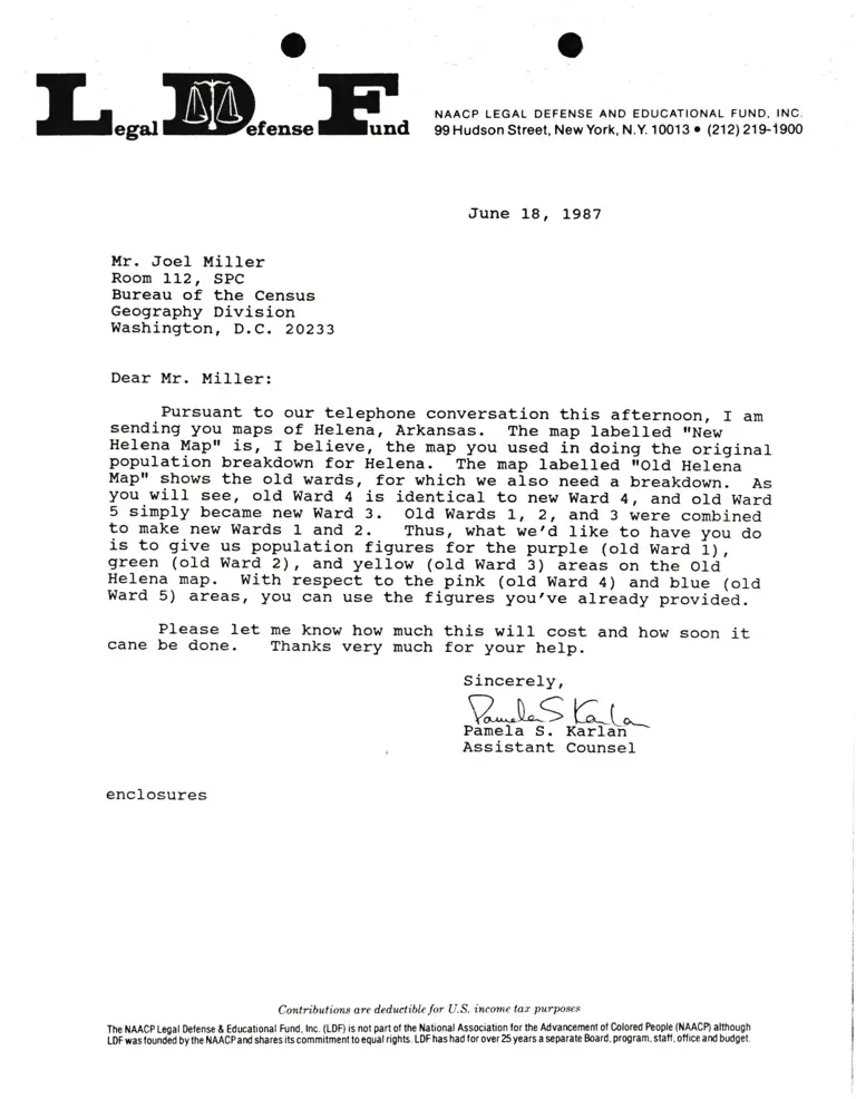 Correspondence from Pamela Karlan to Joel Miller (Bureau of the Census) preview