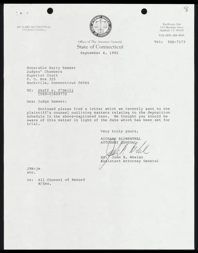 Letter to All Counsel RE: Enclosed Letter to Plaintiff's Counsel Relating to Deposition Schedule preview