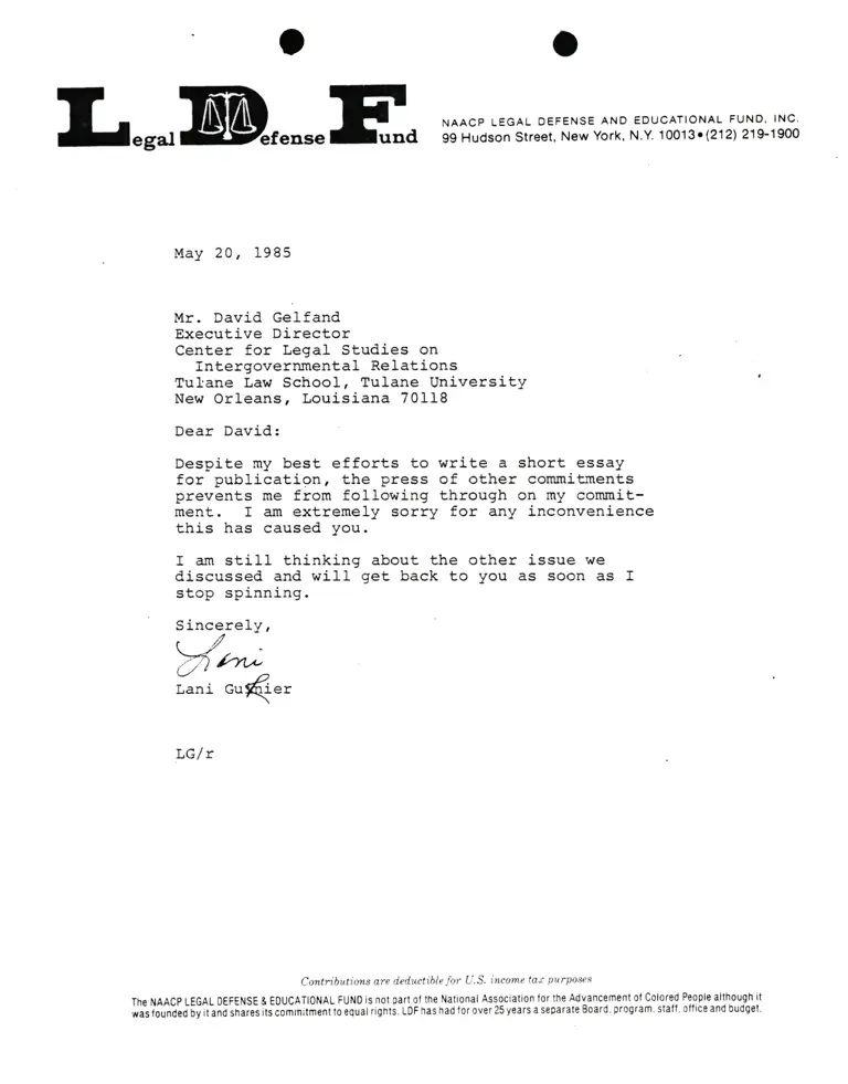 Correspondence from Lani Guinier to David Gelfand (Tulane Law School) preview
