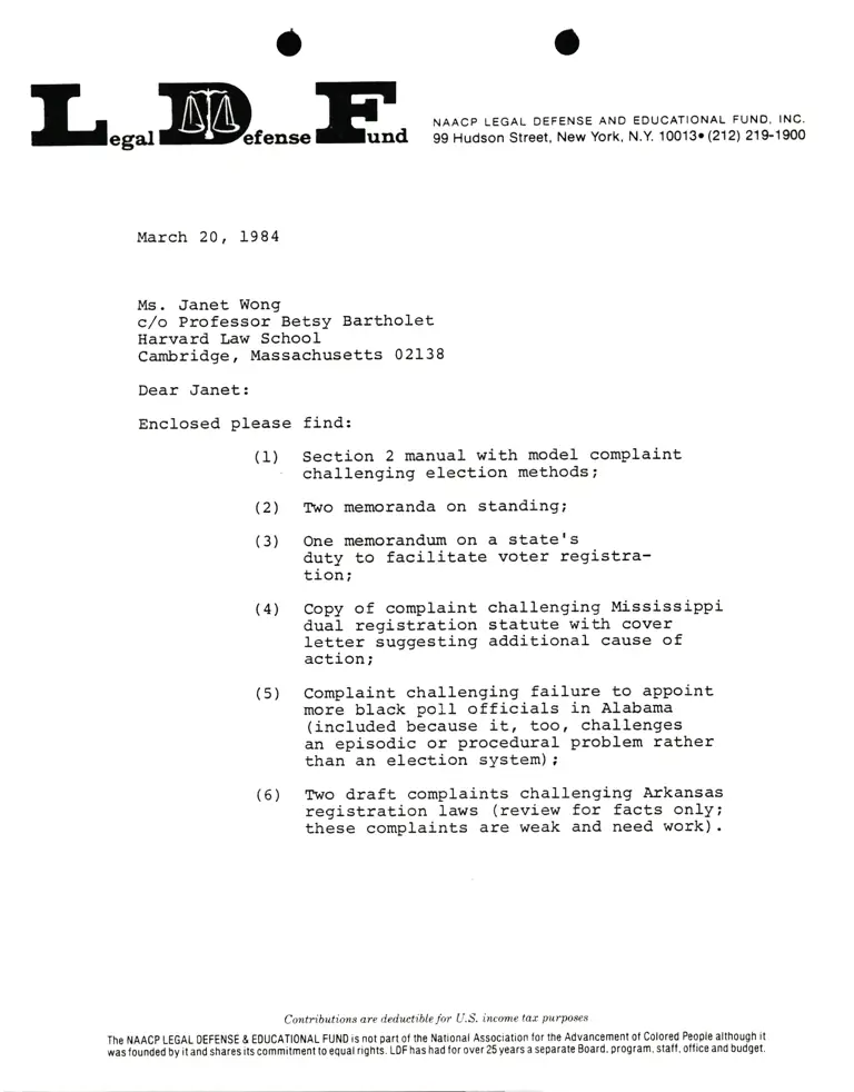 Letter from Lani Guinier to Janet Wong RE: voter registration preview