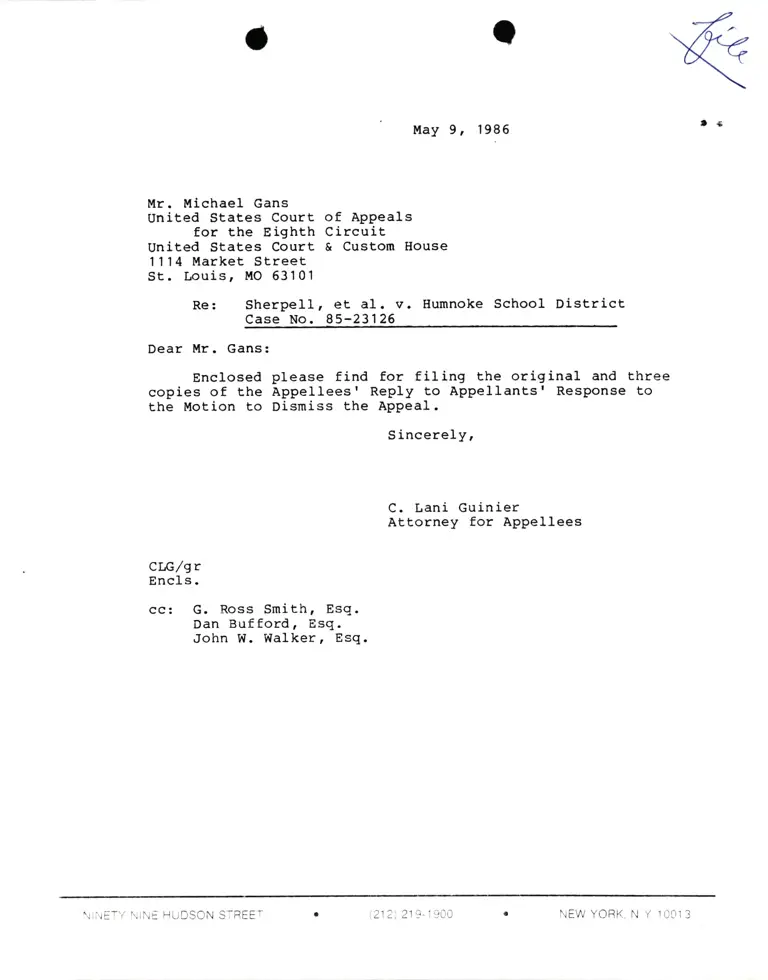Correspondence from Lani Guinier to Michael Gans (U.S. Court and Custom House) Re Sherpell v. Humnoke preview