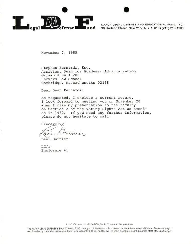 Correspondence from Lani Guinier to Stephen Bernardi, Esq. (Assistant Dean, Harvard Law School) preview