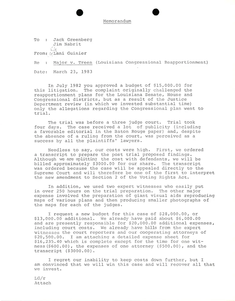 Memorandum from Lani Guinier to Jack Greenberg and Jim Nabrit Re: Major v. Treen (Louisiana Congressional Reapportionment) preview