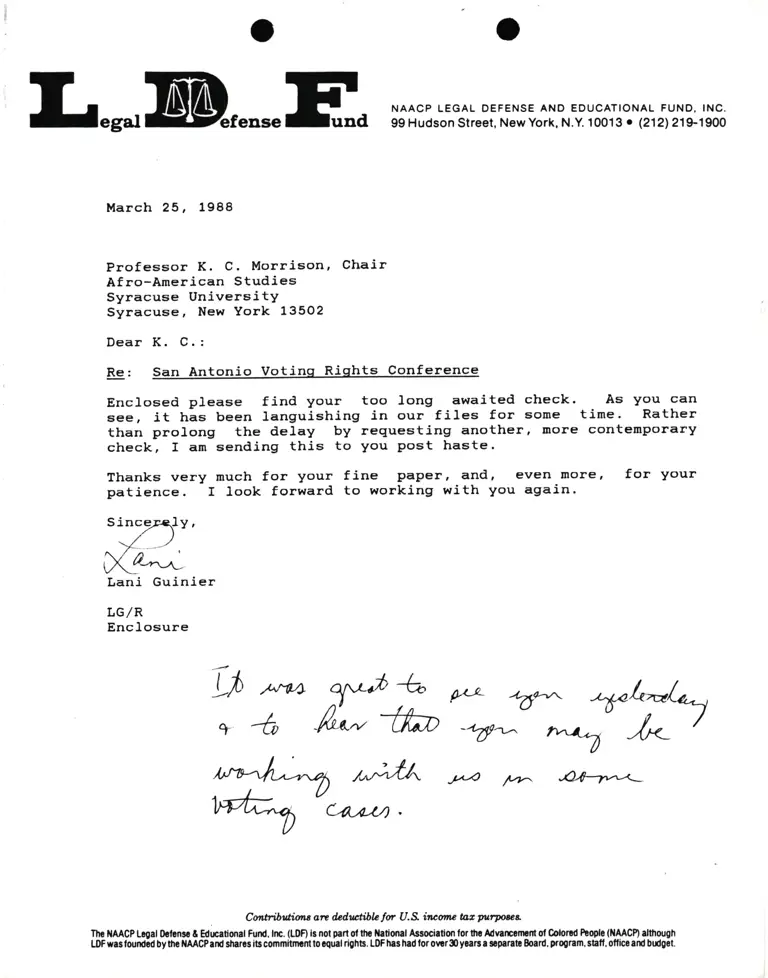 Correspondence from Lani Guinier to Prof. K.C. Morrison Re San Antonio Voting Rights Conference preview