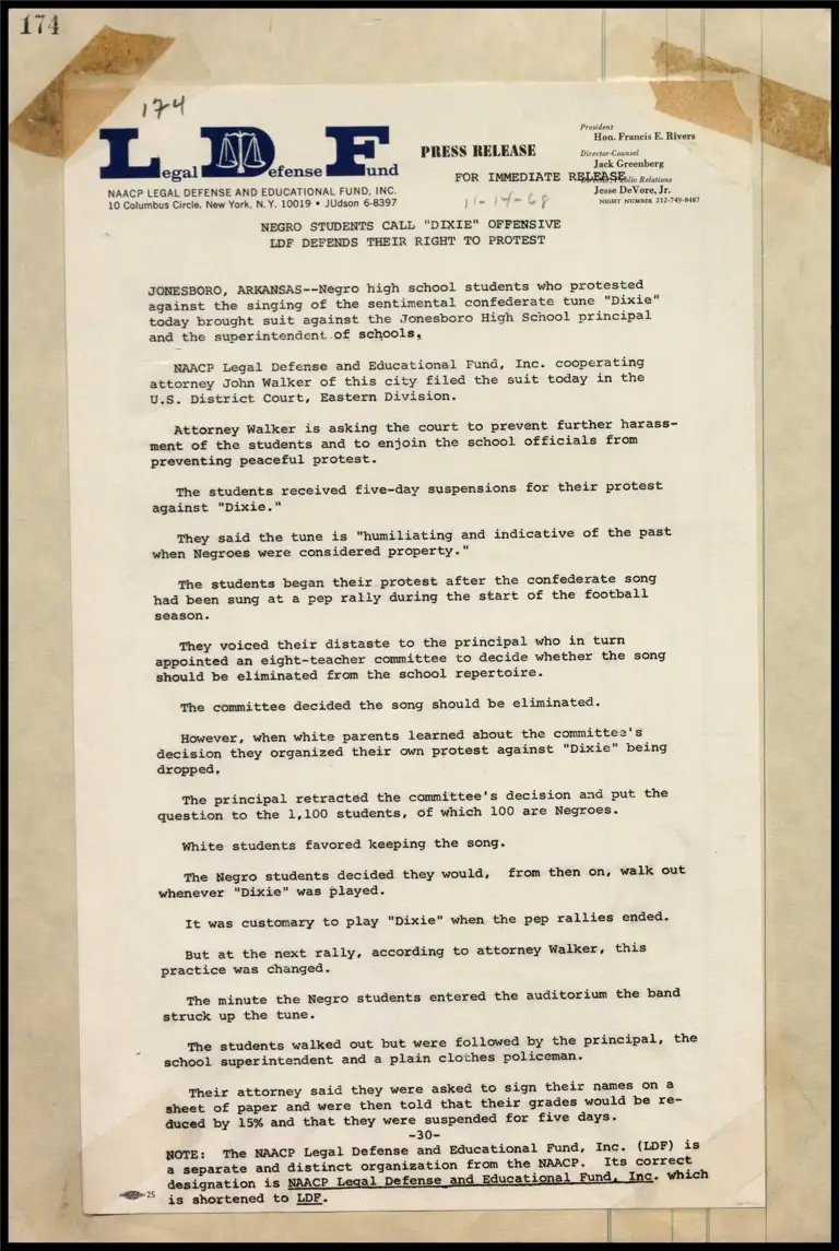 Negro Students Call "Dixie" Offensive - - LDF Defends Their Right to Protest preview
