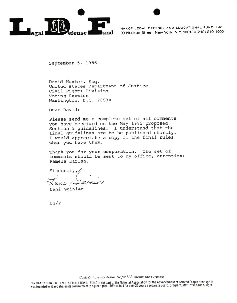 Correspondence from Lani Guinier to David Hunter, Esq. (Department of Justice) preview