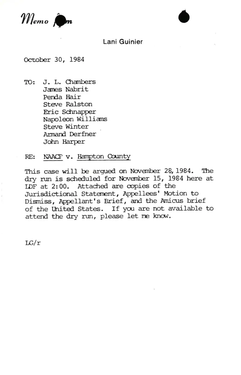 Memo from Lani Guinier RE NAACP v. Hampton County preview