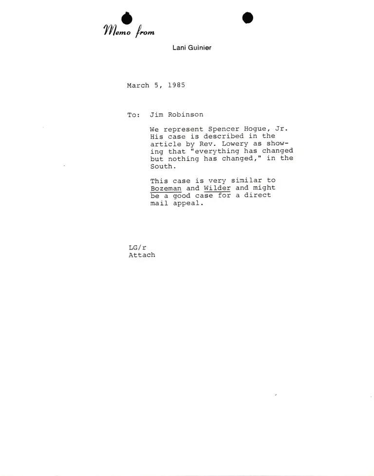 Correspondence from Lani Guinier to Jim Robinson Re: Hogue v. United States preview