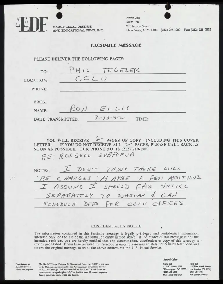 Fax Correspondence between Ellis and Tegeler with Proposed Agenda preview