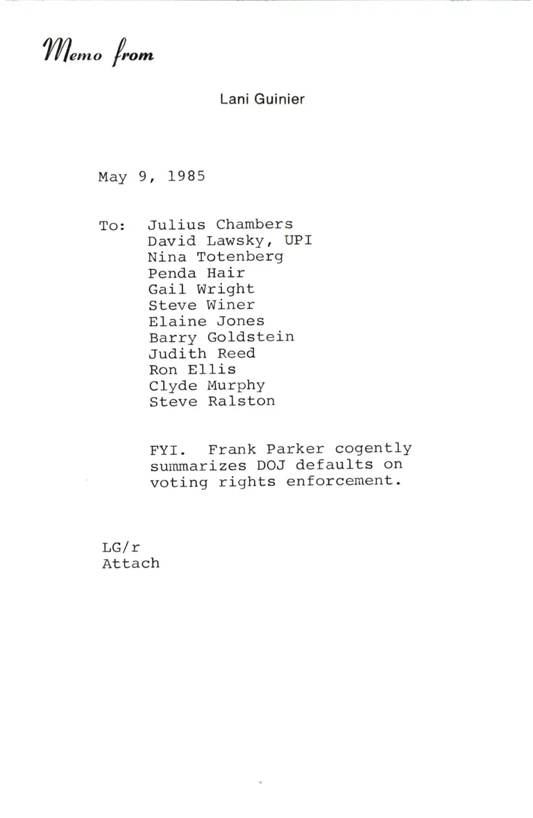 Memorandum from Lani Guinier to Chambers, Lawsky, Totenberg, Hair, Wright, Winer, Jones, Goldstein, Reed, Ellis, Murphy, and Ralston preview