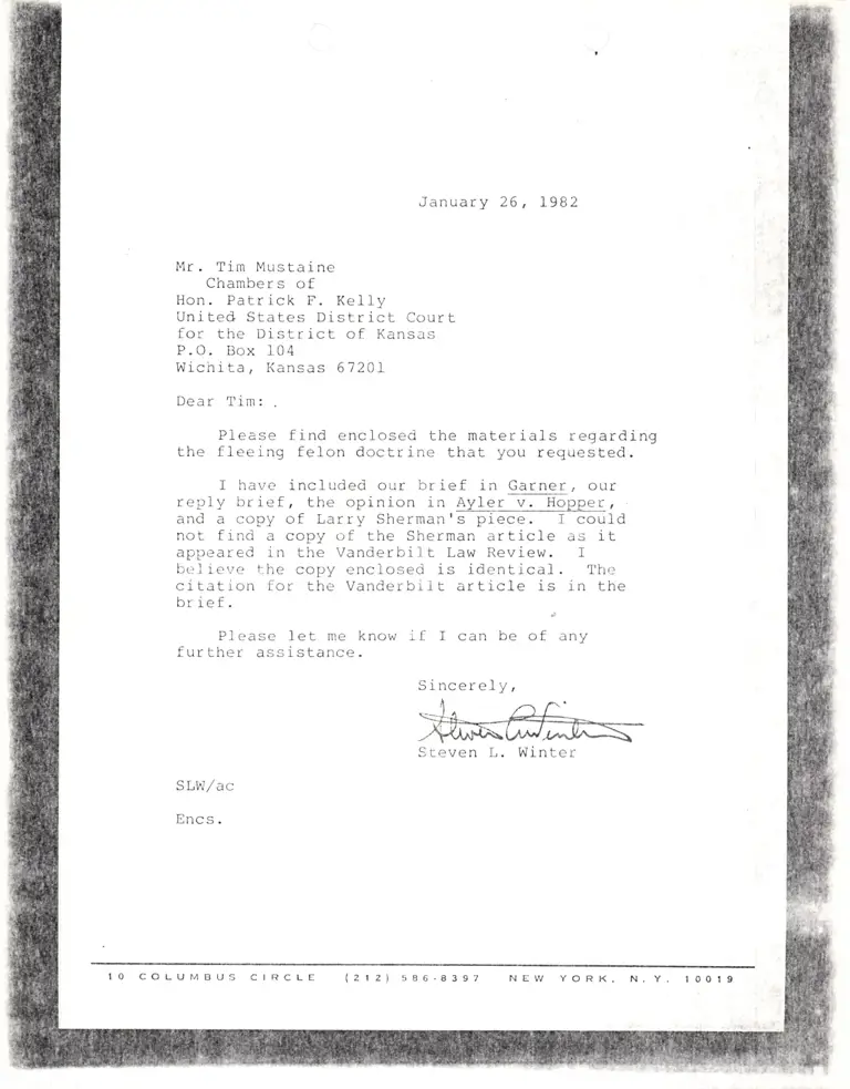 Correspondence from Winter to Mustaine Re: Garner Brief and Ayler v. Hopper Opinion preview