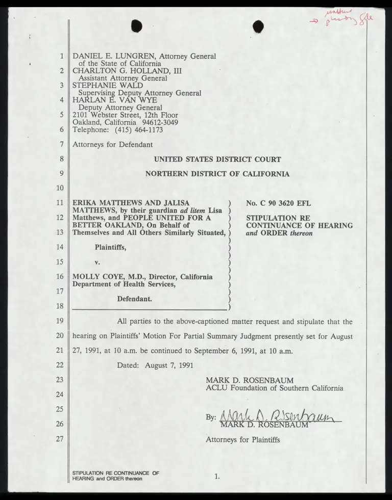 Stipulation RE: Continuance of Hearing and Order Thereon preview