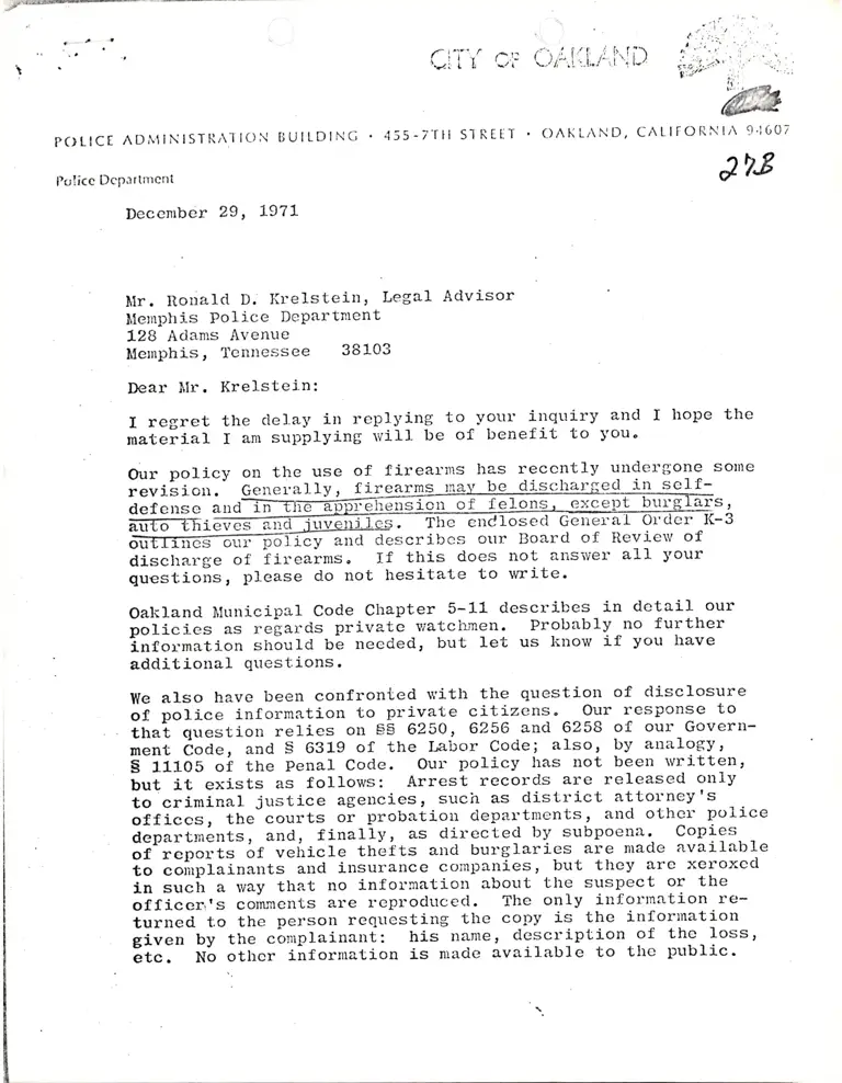 Correspondence on Firearm Discharge Policy preview