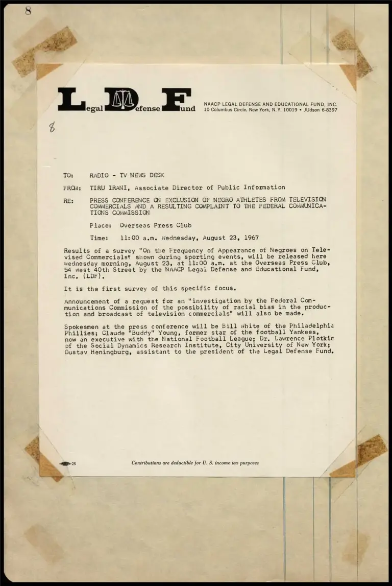 Press Conference on Exclusion of Negro Athletes from Television and Radio Commercials and a Resulting Complaint to the Federal Communications Commission preview
