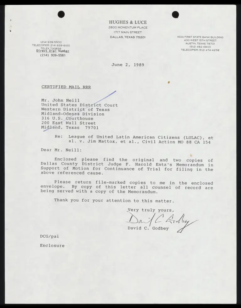 Dallas County Judge Entz's Memorandum in Support of Motion for Continuance of Trial preview