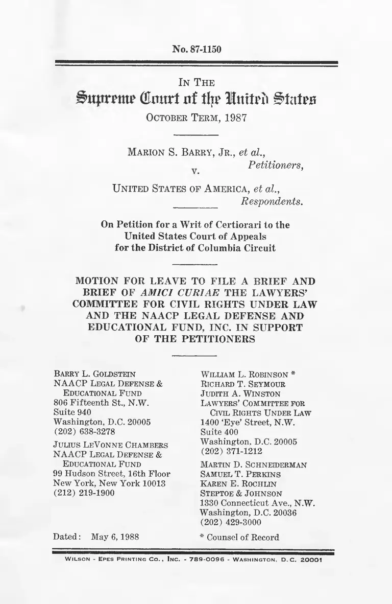 Barry v. United States Motion for Leave to File a Brief and Brief of Amici Curiae The Lawyer's Committee for Civil Rights Under Law and the NAACP Legal Defense and Educational Fund in Support of the Petitioners preview