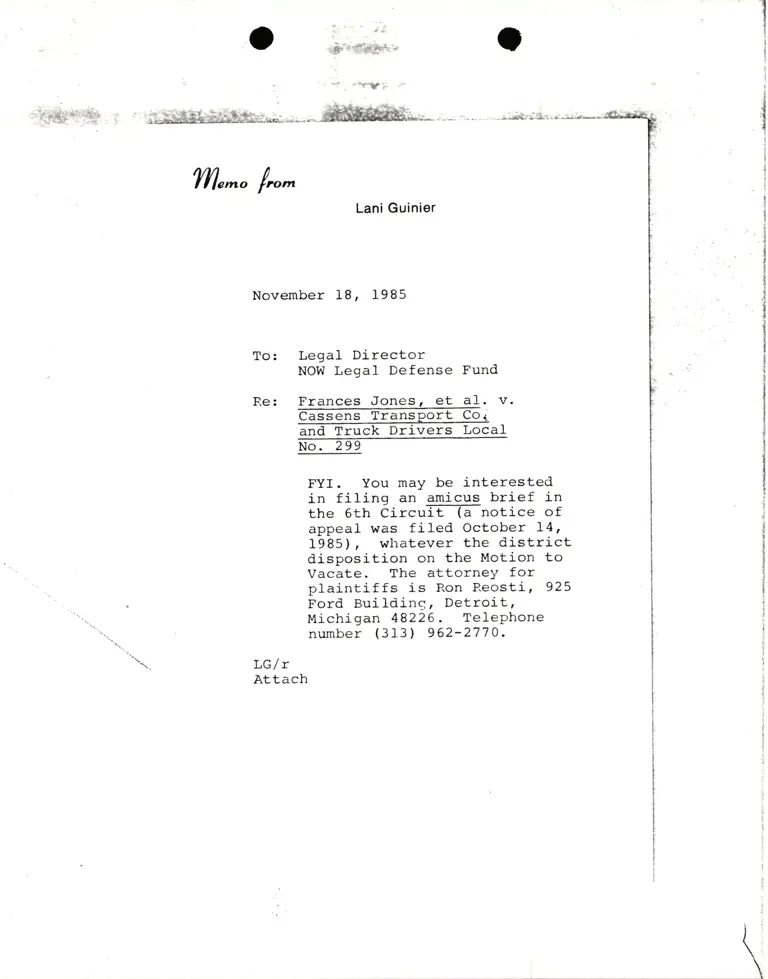 Memorandum from Lani Guinier to Legal Director, NOW Legal Defense Fund Re Frances Jones v. Cassens Transport Co. and Truck Drivers Local No. 299 preview