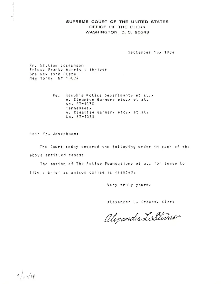 Correspondence from Clerk to Josephson Re: Police Amicus Foundation Brief Granted preview