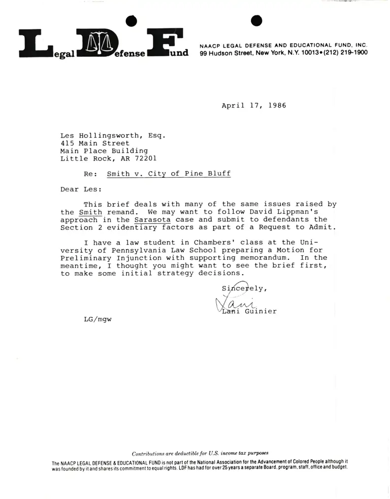 Correspondence from Lani Guinier to Les Hollingsworth, Esq. Re: Smith v. City of Pine Bluff preview