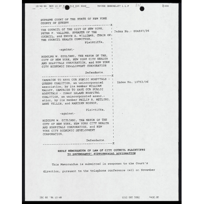 City Council Plaintiff's Reply Memo of Law of  Defendants’ Supplemental Affirmation preview